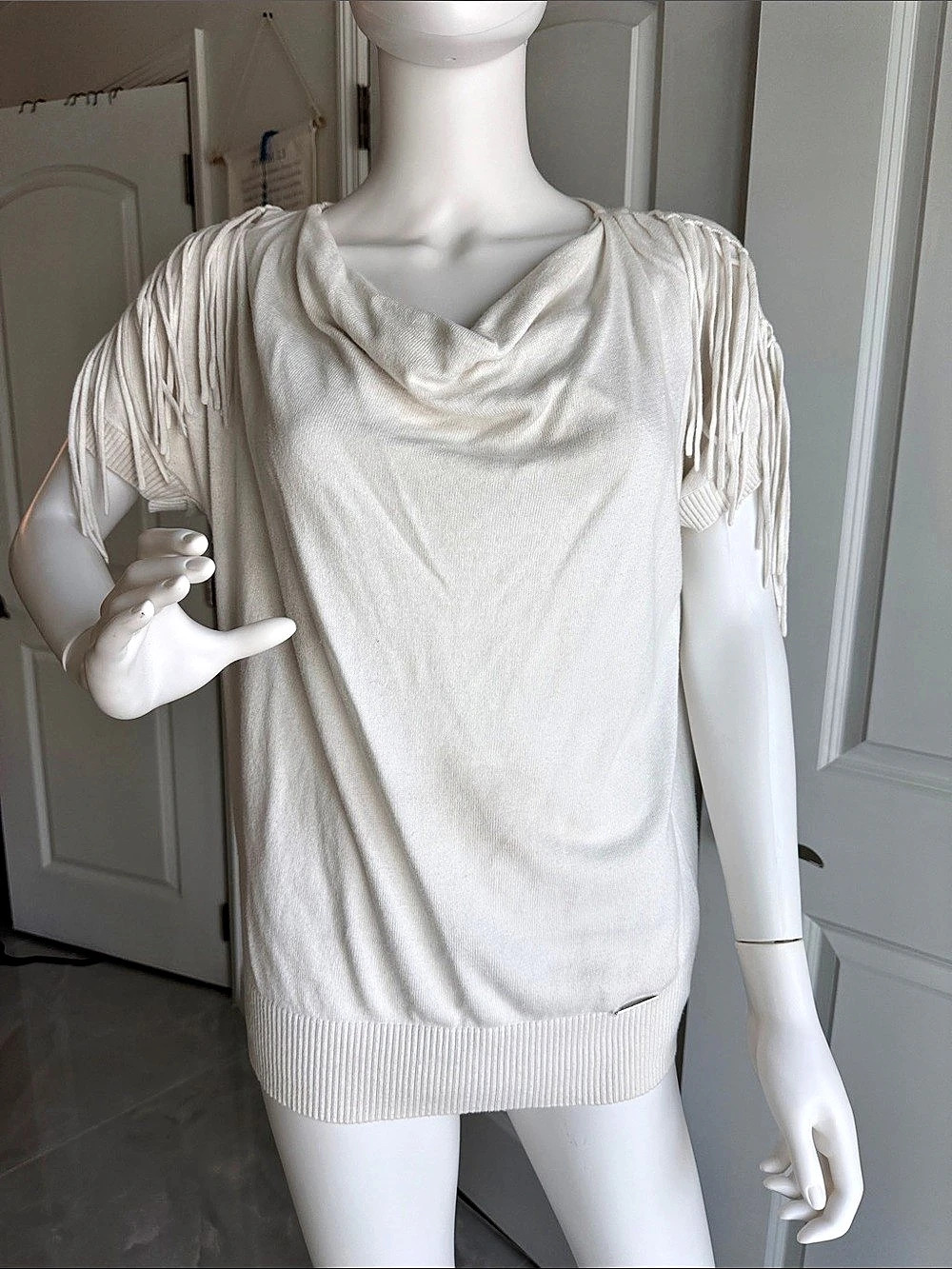 Michael Kors Fringe Sleeve Cowl Neck Sweater in White